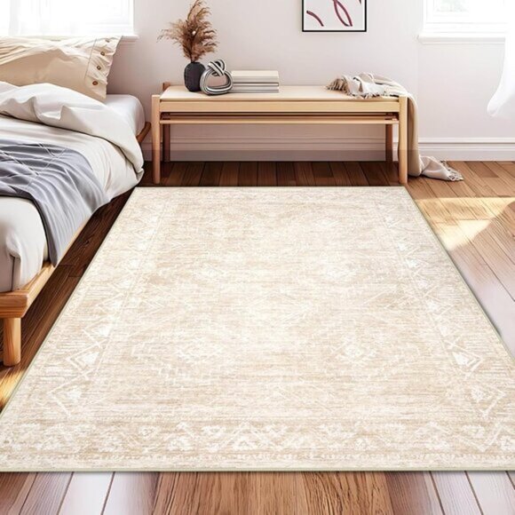 New 4x6 Beige Moroccan Area Rug, Washable Non-Slip Carpet for Entry & Room Decor